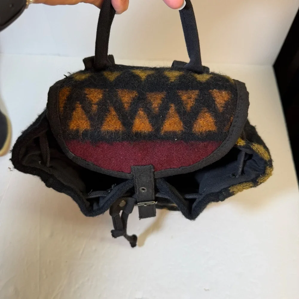 Vintage Southwestern Geometric Wool Blend Mini Backpack Black Earth Tones